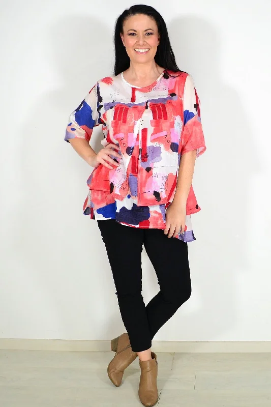 Red Layered Abstract Tunic Top