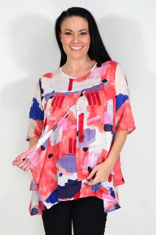 Red Layered Abstract Tunic Top