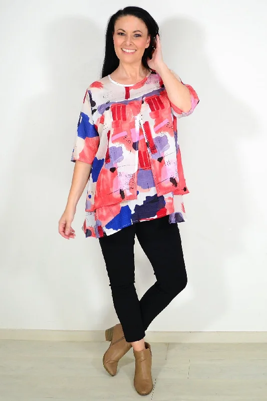 Red Layered Abstract Tunic Top