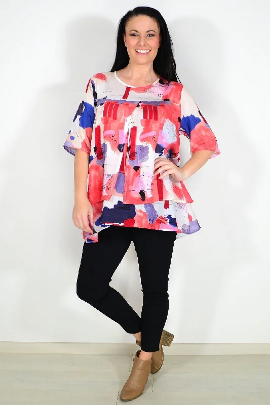 Red Layered Abstract Tunic Top