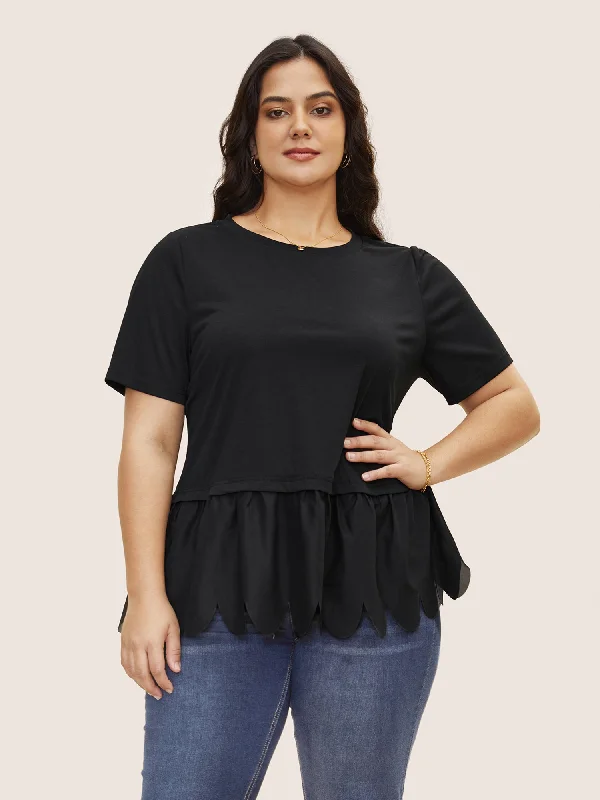 Round Neck Patchwork Scalloped Trim T-shirt