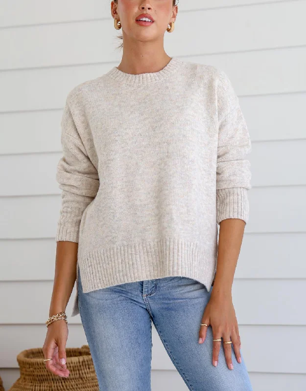 Side Split Crew Neck Knit - Latte