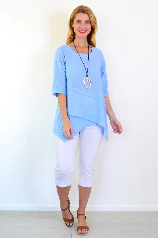 Sky Blue Layered Linen Blend Tunic Top