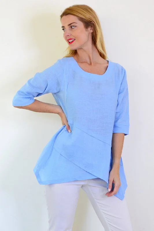 Sky Blue Layered Linen Blend Tunic Top