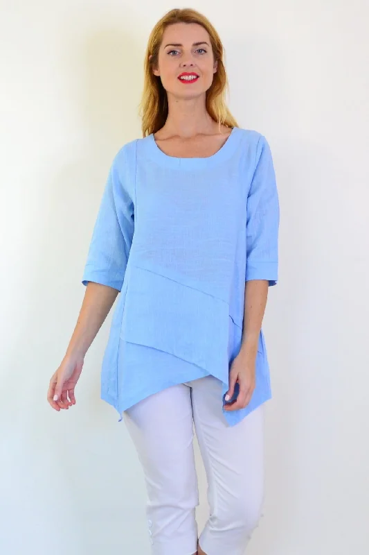 Sky Blue Layered Linen Blend Tunic Top