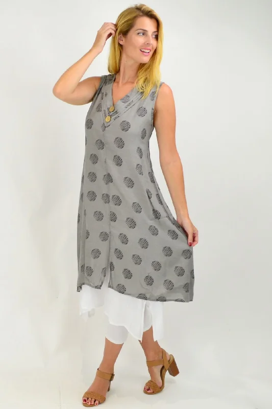 Sleeveless Grey Dots Overlay Tunic Dress