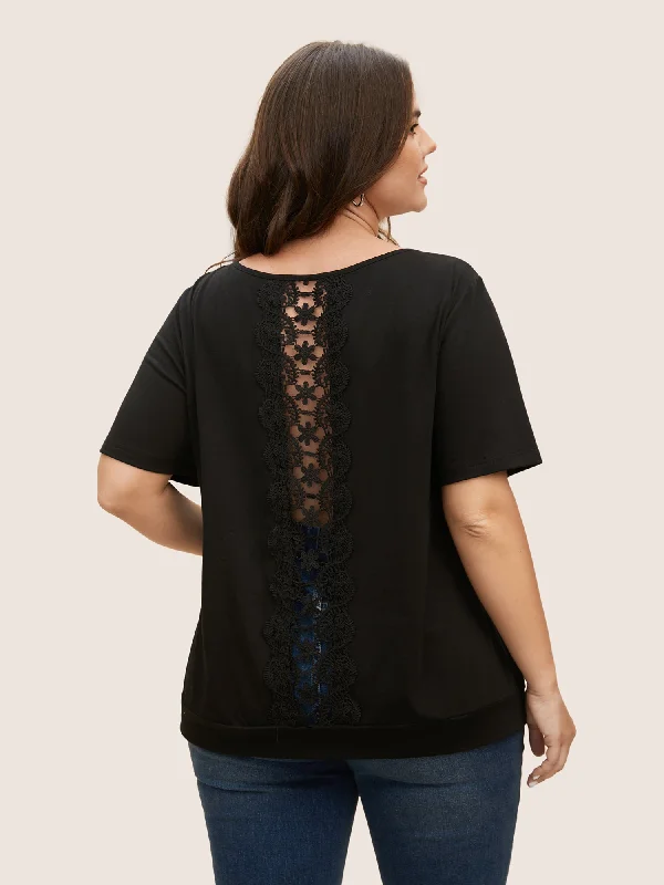 Solid Round Neck Lace Panel T-shirt