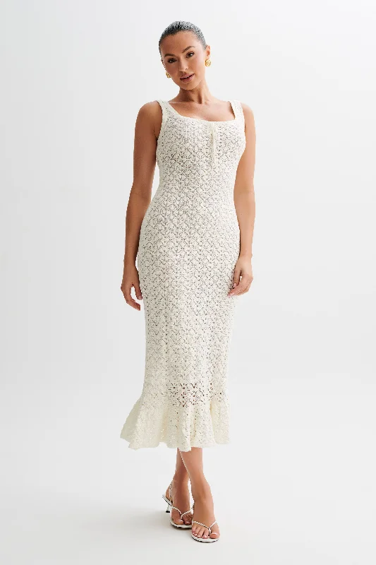 Sylvie Frill Knit Midi Dresses - Ivory