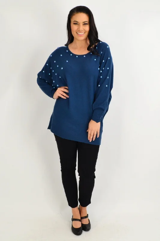 Teal Girls Pearls Tunic Jumper