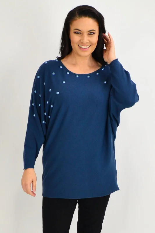 Teal Girls Pearls Tunic Jumper