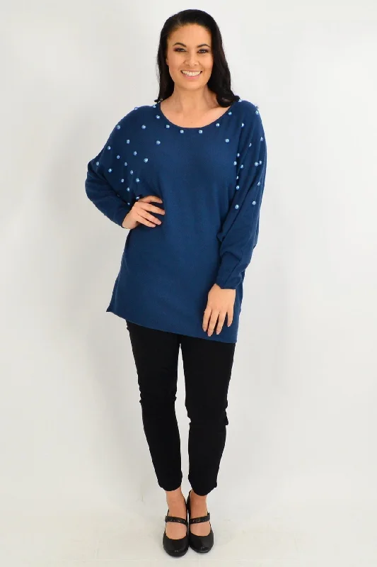 Teal Girls Pearls Tunic Jumper