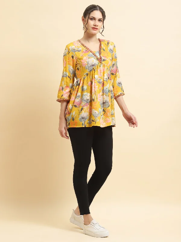 Women Liva Rayon Yellow Floral Print Tunic