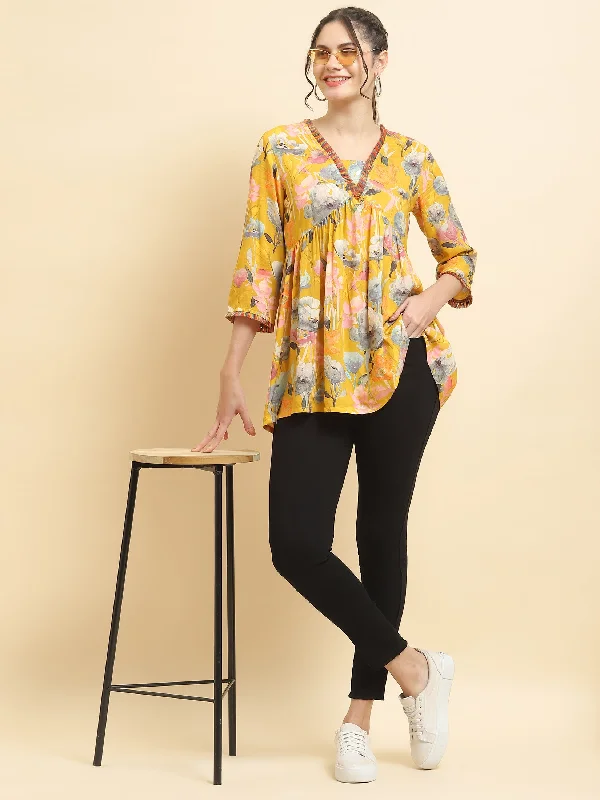 Women Liva Rayon Yellow Floral Print Tunic