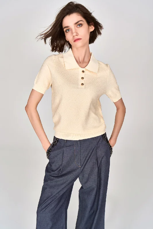 Beige Knit Pattern Polo Shirt