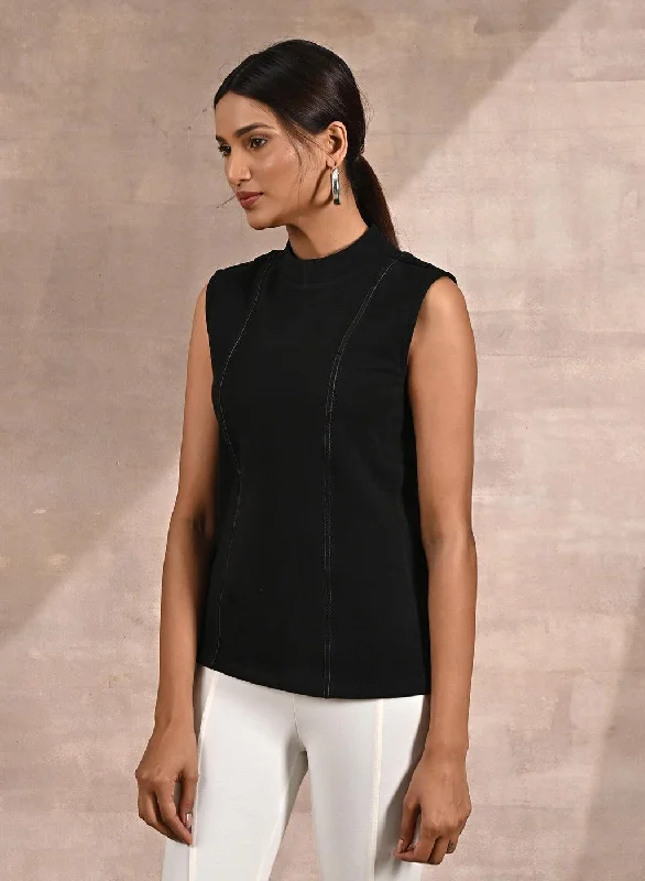 Black Sleeveless Winter Top with Fine Stich Detailing