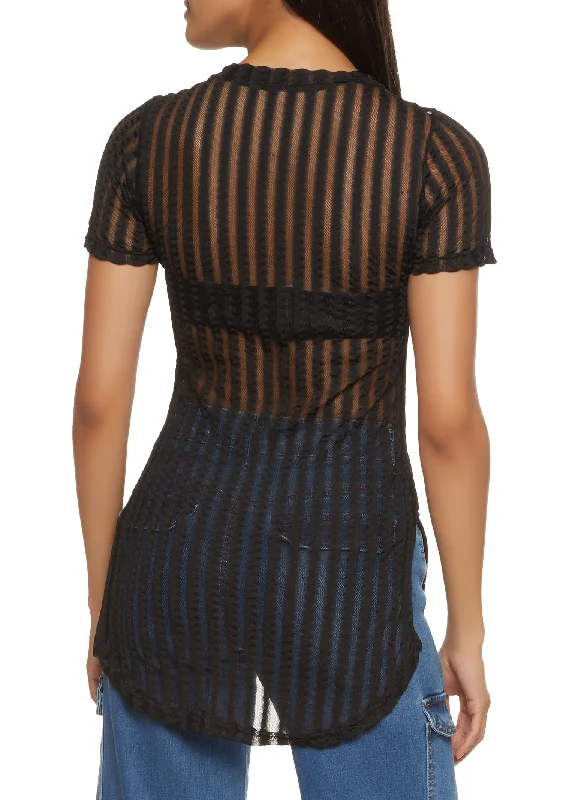 Striped Mesh Detail Side Slit Tunic Top