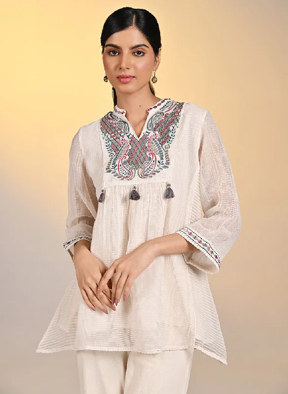 Bushra Ivory Embroidered Striped Chanderi Top for Women