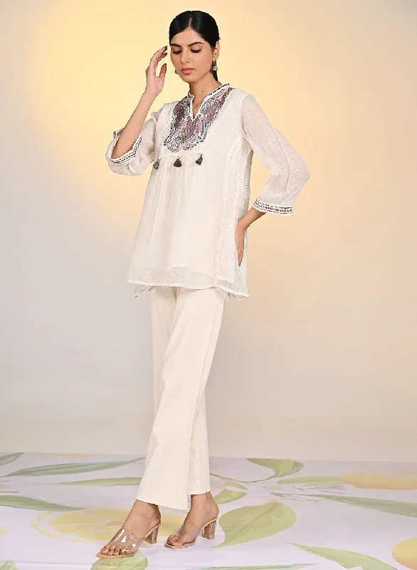 Bushra Ivory Embroidered Striped Chanderi Top for Women