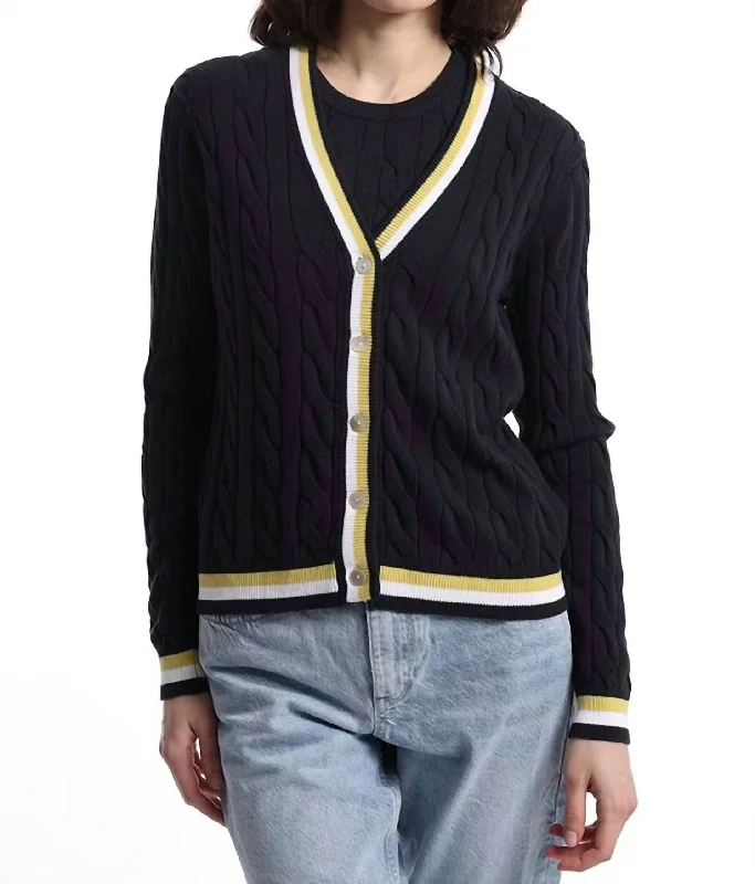 Cotton Cable Cardigan With Striped Detail In Navy