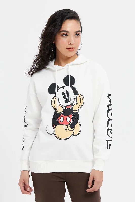 Women Cream Minnie Print Hooded Sweatshirt