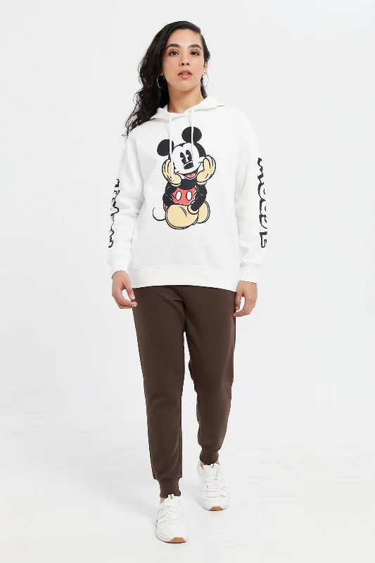 Women Cream Minnie Print Hooded Sweatshirt