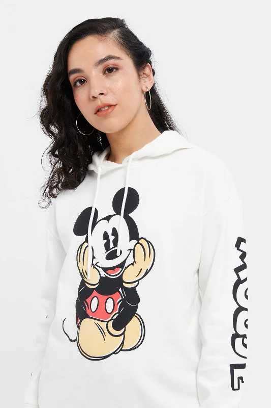 Women Cream Minnie Print Hooded Sweatshirt