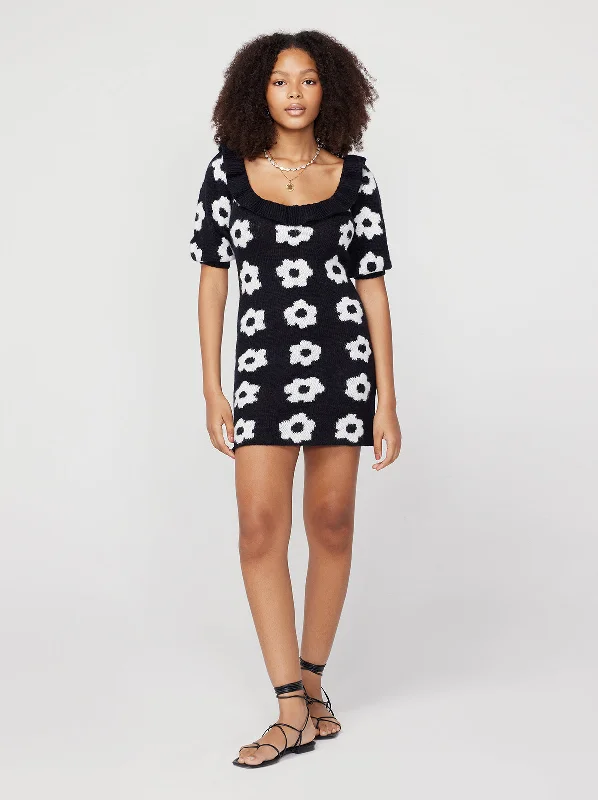 Eleni Black Tiled Floral Alpaca Knit Mini Dress