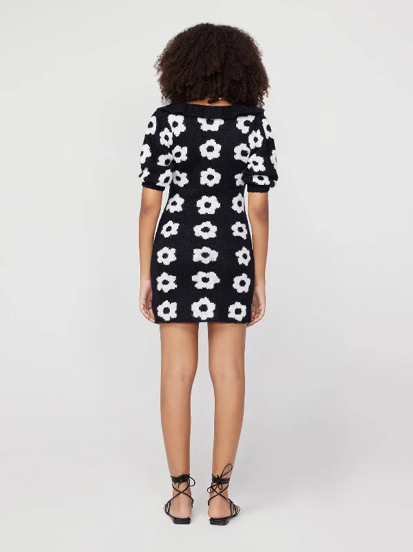 Eleni Black Tiled Floral Alpaca Knit Mini Dress