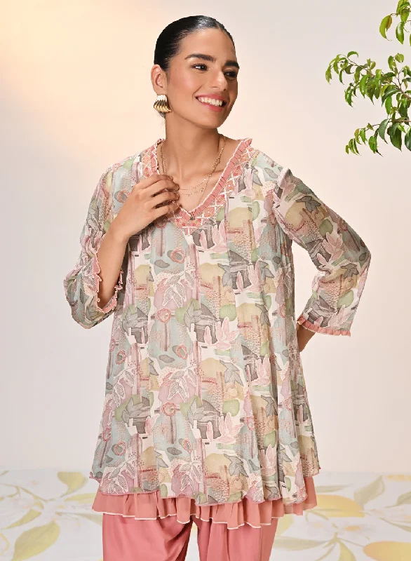 Falak Multicoloured Grey Printed Chiffon Tunic Set for Women