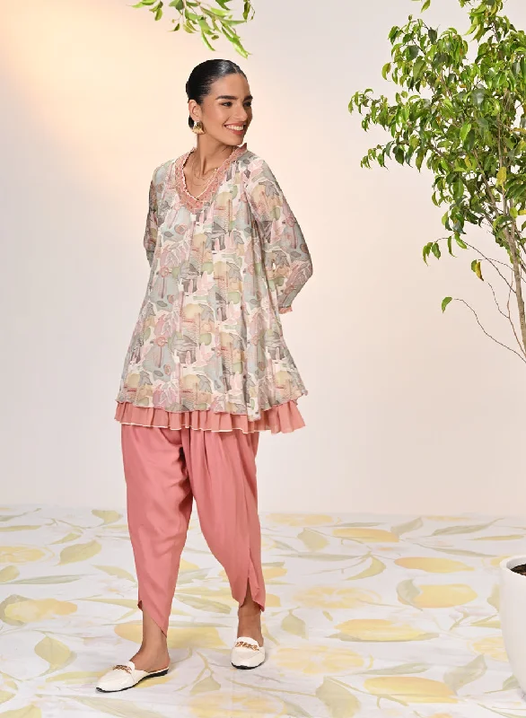 Falak Multicoloured Grey Printed Chiffon Tunic Set for Women