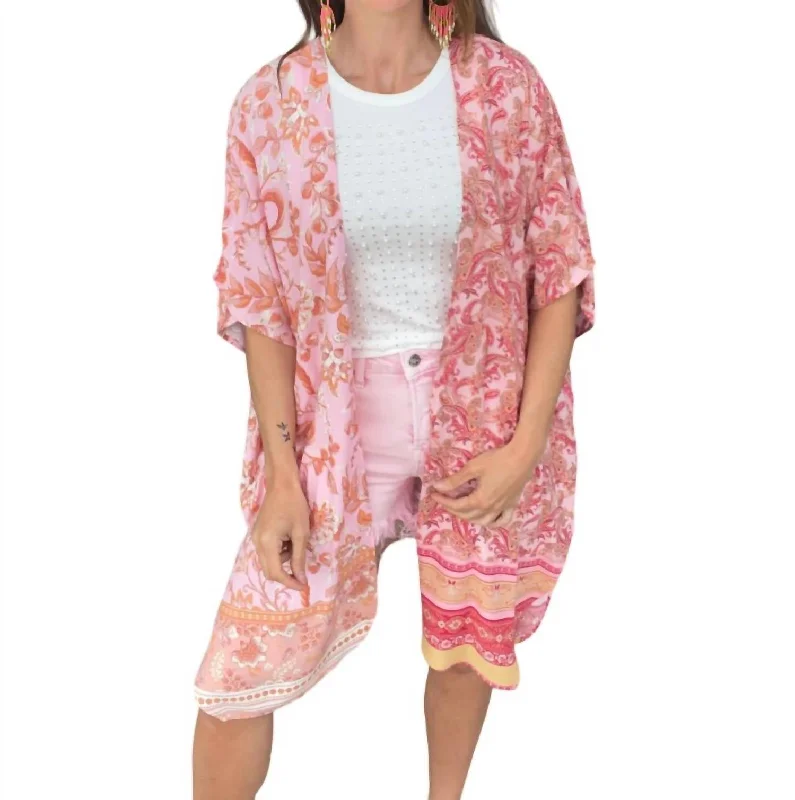 Floral Printed Short Sleeve Kimono In Pink