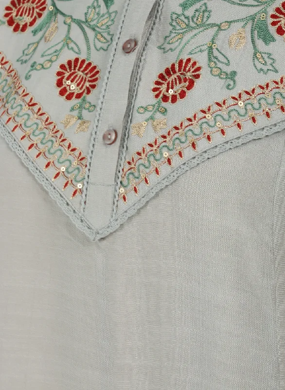 Green Embroidered Tunic for Women with Classic Collar