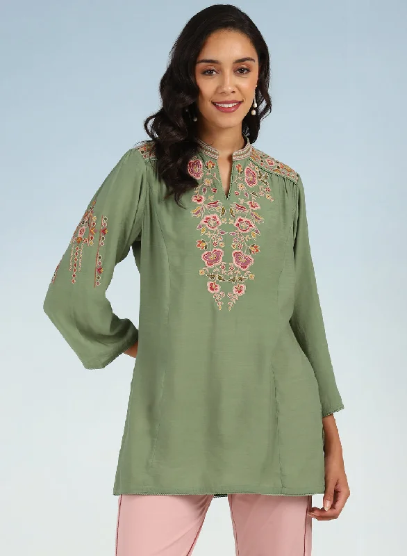 Green Floral Tunic with Shoulder Gathers