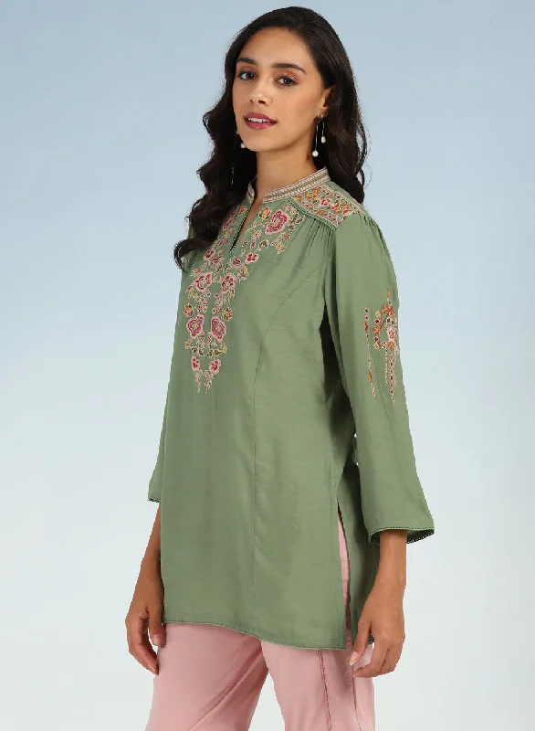 Green Floral Tunic with Shoulder Gathers