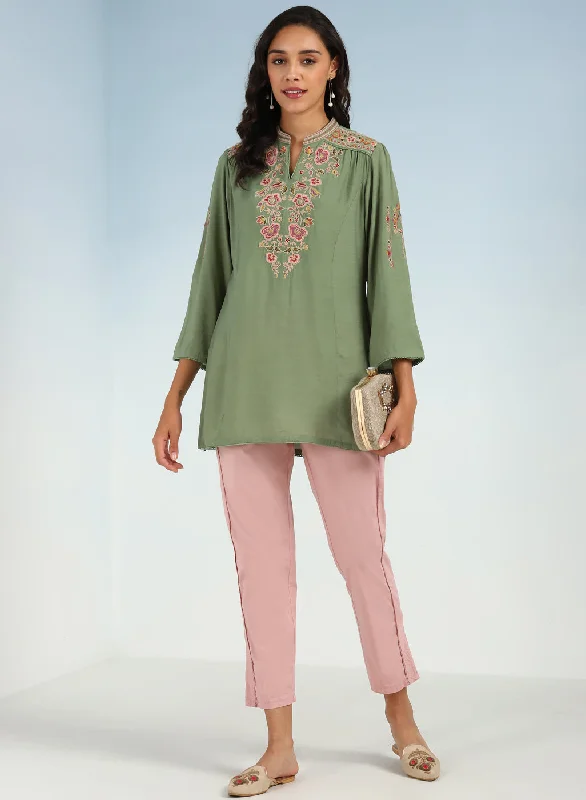 Green Floral Tunic with Shoulder Gathers