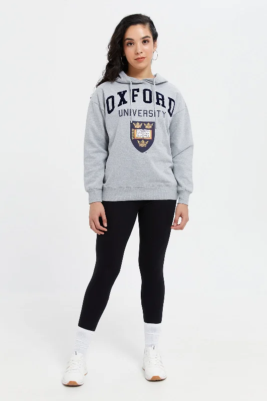 Women Grey Oxford Print Hooded Sweatshirt