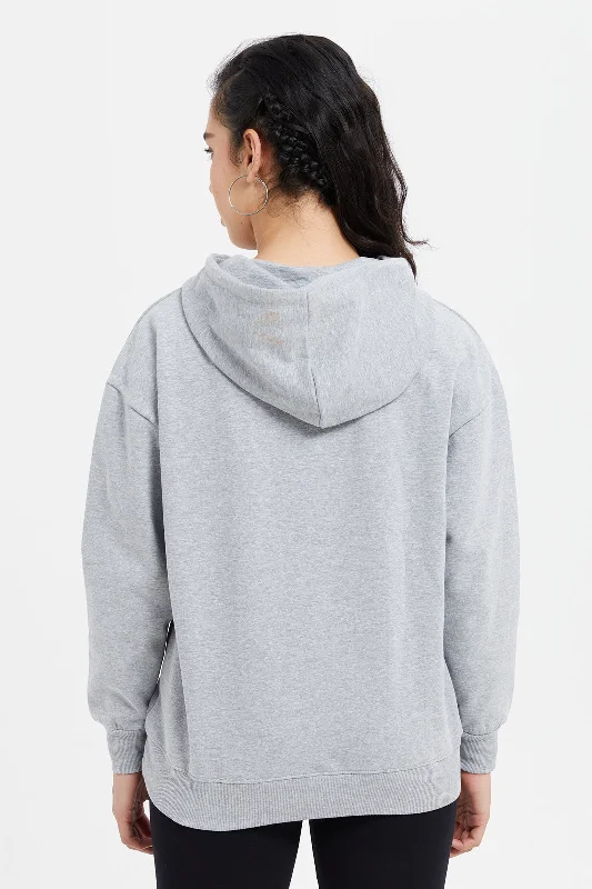 Women Grey Oxford Print Hooded Sweatshirt