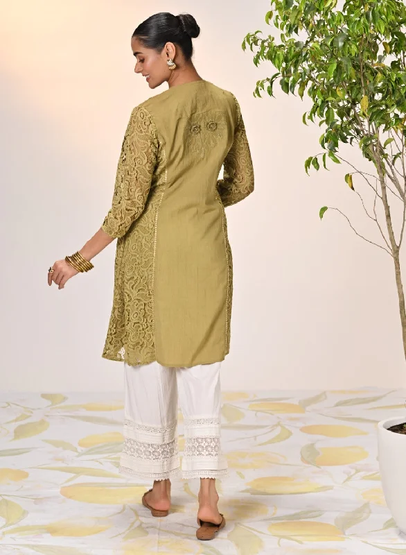 Inaara Moss Green Embroidered Raschel Net Dress For Women