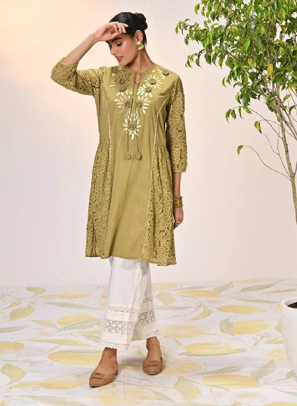 Inaara Moss Green Embroidered Raschel Net Dress For Women