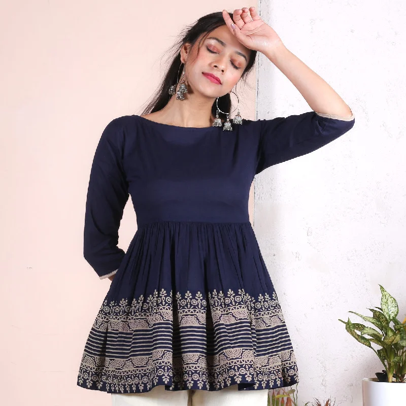 Indigo Traditional Gather Top with Border Detail