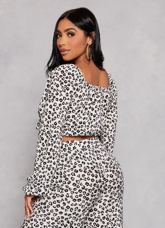 Plisse Leopard Print Tie Front Top