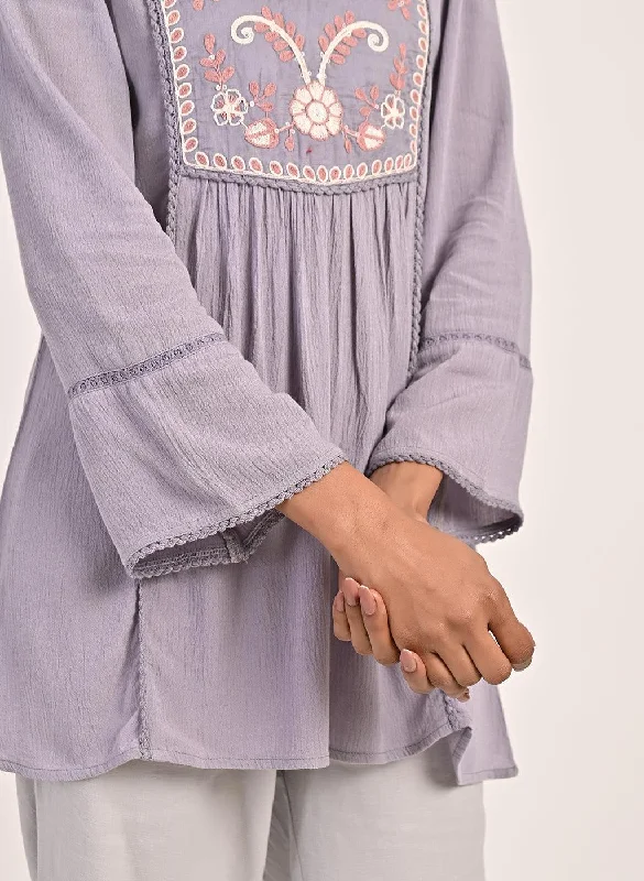 Lavender Collared Tunic with Embroidery at Yoke