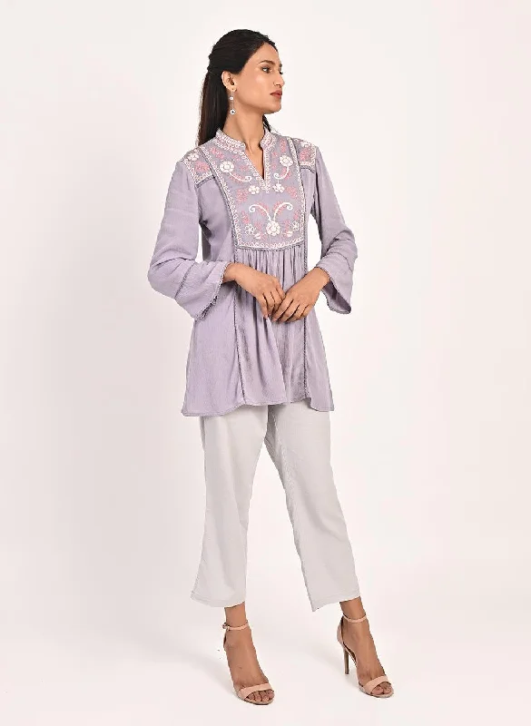 Lavender Collared Tunic with Embroidery at Yoke