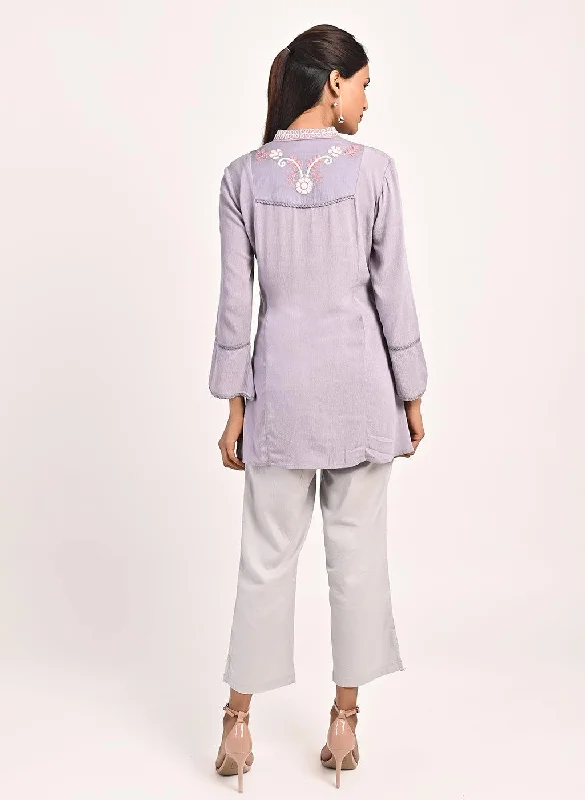 Lavender Collared Tunic with Embroidery at Yoke