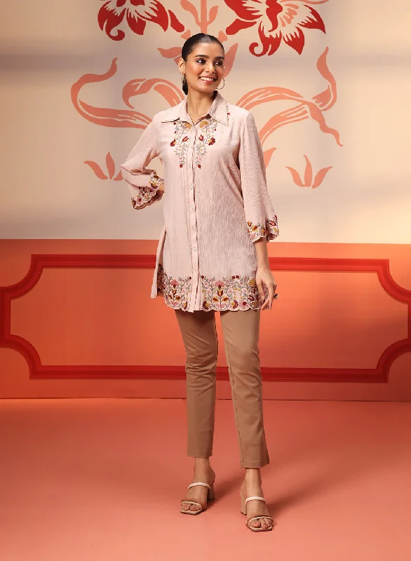 Malika Salmon Pink Embroidered Crinkled Crepe Long Shirt for Women