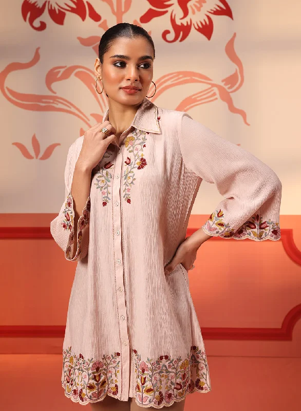 Malika Salmon Pink Embroidered Crinkled Crepe Long Shirt for Women