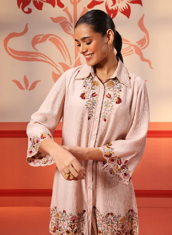 Malika Salmon Pink Embroidered Crinkled Crepe Long Shirt for Women