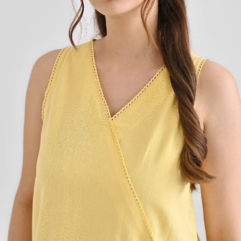 Mango Yellow Linen Cotton Sleeveless Tunic with Lace Detail