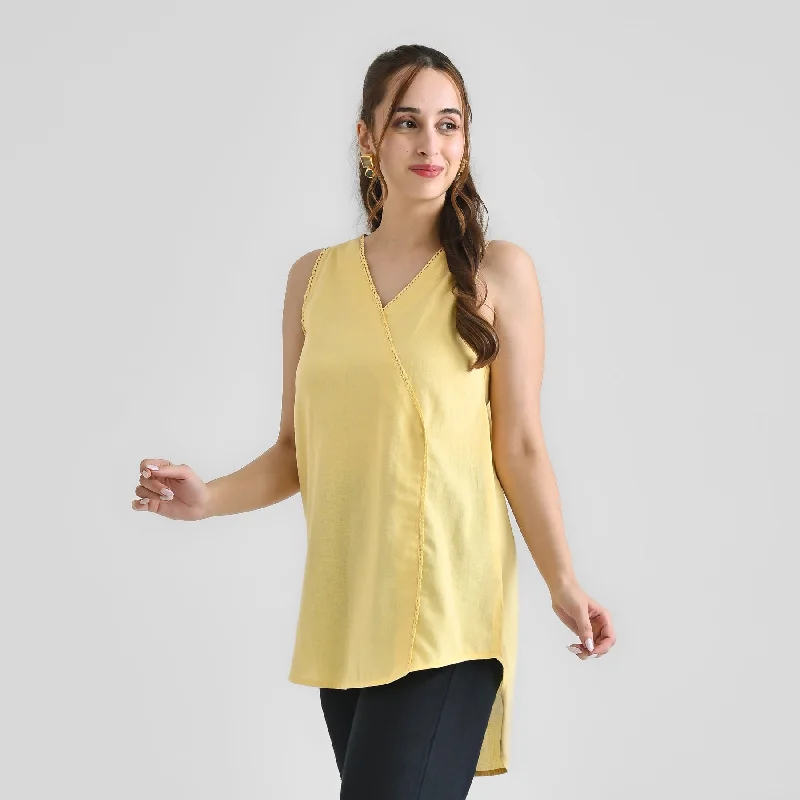 Mango Yellow Linen Cotton Sleeveless Tunic with Lace Detail