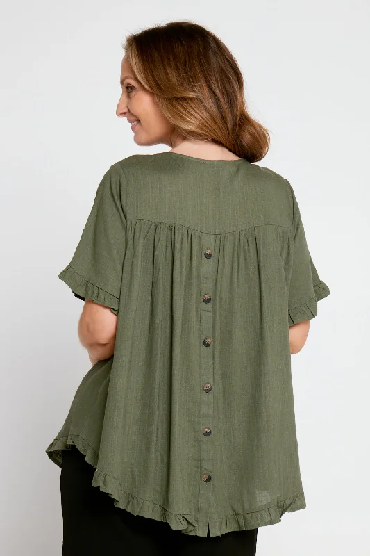 Mara Linen Blend Top - Sage Khaki